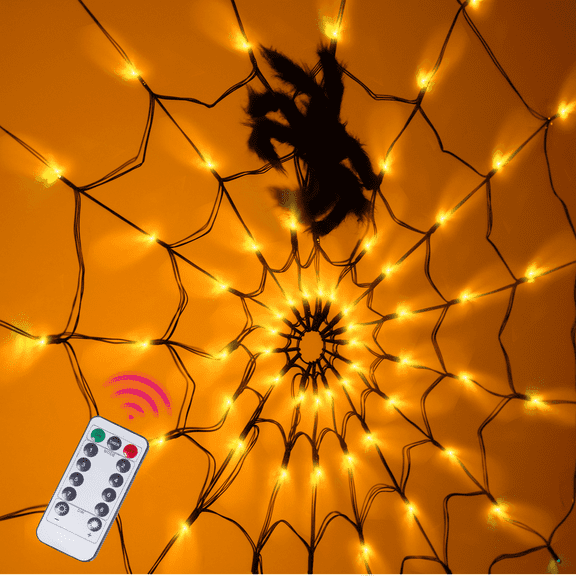 Halloween Decorations Spider Web Lights - 4FT Diameter 70 LEDs with Black Spider, Waterproof Net Lights, Remote Control, 8 Modes Cobweb Halloween Decorations for House Garden Indoor Outdoor (Orange)