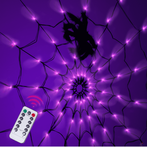 Halloween Decorations Spider Web Lights - 4FT Diameter 70 LEDs with Black Spider, Waterproof Net Lights, Remote Control, 8 Modes Cobweb Halloween Decorations for House Garden Indoor Outdoor (Purple)