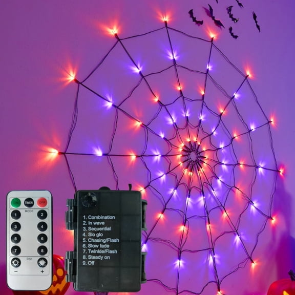 Halloween Decorations Spider Web Lights - 4FT Diameter 84 LEDs, Waterproof Net Lights, Remote Control, 8 Modes Cobweb Halloween Decorations for House Garden Indoor Outdoor