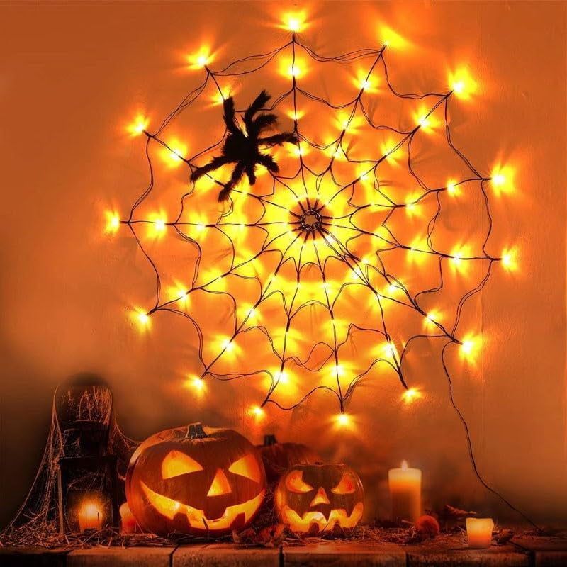 Halloween Spider Web Lights - 150 LED Giant 16.4ft Lighted Web, 8 Modes, Waterproof, Timer, Orange For Outdoor/Indoor