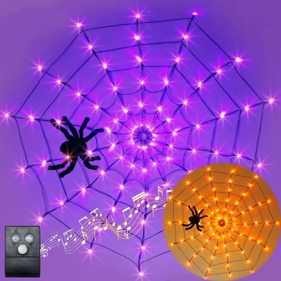 Halloween Decorations, Spider Web Lights for Home, 4FT 84LED Light Up Spiderweb with Black Spider, Halloween Lights for Haunted Window Room Indoor Outdoor Decorations (Orange & Purple)
