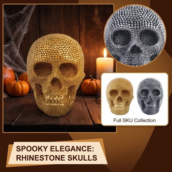 Halloween Decorations, Spooky Halloween Decorations, Gothic Halloween Decor, Halloween Skeleton Decorations, Silver Rhinestone Encrusted Resin Skull Tabletop Figurine for Indoor