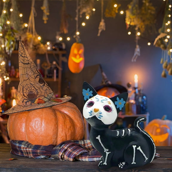 Halloween Decorations Sugar Cat & Dog Skeleton-Decor - Day of The Dead Décor Dia De Los Muertos Black Resin Stading Kitten with Hat Skull Figurines Gothic Farmhouse Decor 3.58"*4.17"