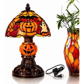 Halloween Decorations Table Lamp with Pumpkin Ghost Resin Night Light Warm LED Glow with Pumpkin, Ghost and Bat Design. Durable Resin Lamp for Bedroom, Mantel, Party Décor and Halloween Gifts.