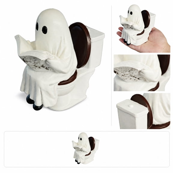 Halloween Decorations Tabletop Cute Ghost on Toilet Resin Figurine Funny Book Reading Statue Spooky Goth Bathroom Desk Decor