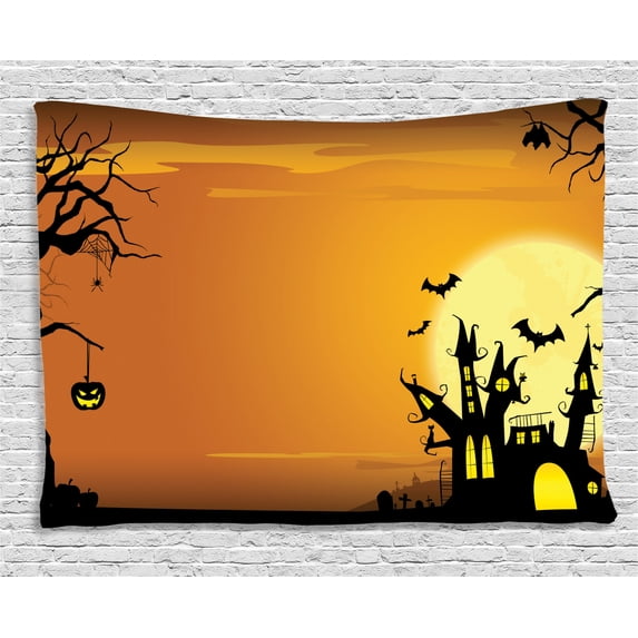 Halloween Decorations Tapestry, Gothic Haunted House Bats Western Spooky Night Scene with Pumpkin, Wall Hanging for Bedroom Living Room Dorm Decor, 60W X 40L Inches, Orange Black, by Ambesonne