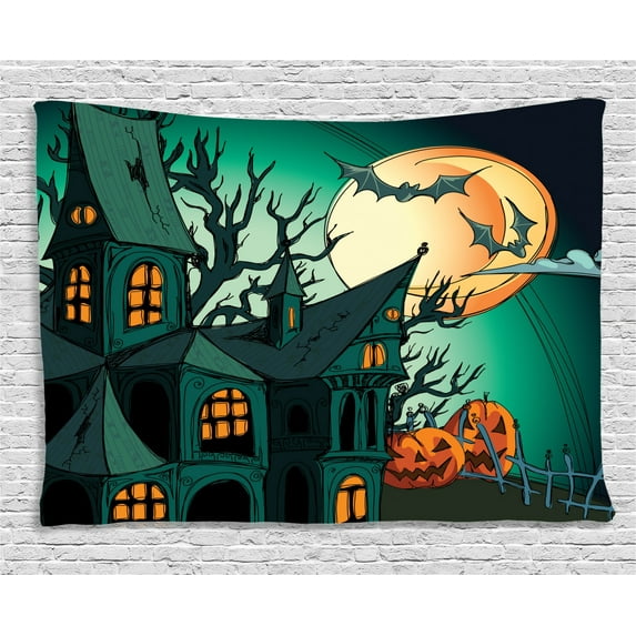 Halloween Decorations Tapestry, Haunted Medieval Cartoon Bats in Twilight Gothic Fiction Spooky Art, Wall Hanging for Bedroom Living Room Dorm Decor, 60W X 40L Inches, Orange Teal, by Ambesonne