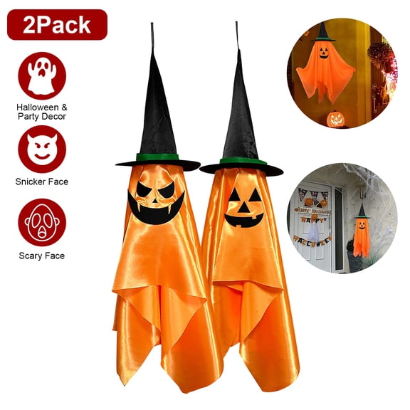 Halloween Decorations Teqhome 2 Pack 56.3" Hanging Ghosts with Wizard Hat Snicker Scary Face Scary Hanging Pumpkin Wizard Hat Decoration for Window Garden Eave Tree Porch Party 56.3 x12.4 x12.4in