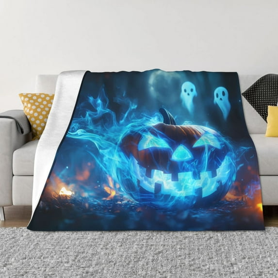 Halloween Decorations Throw Blanket for Couch, Halloween Blue Flame Pumpkin Ghost Halloween Blanket Fuzzy Throw Blanket, Halloween Decor Cuteness Plush Flannel Blanket & Throws