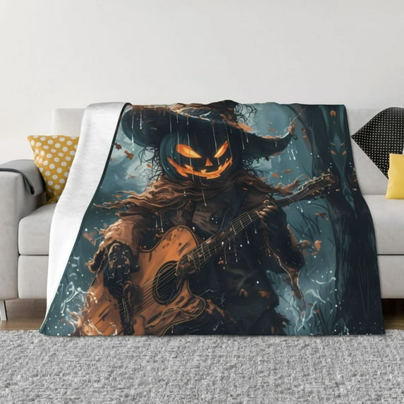Halloween Decorations Throw Blanket for Couch, Halloween Pumpkin Guitarist Halloween Blanket Fuzzy Throw Blanket, Halloween Decor Cuteness Plush Flannel Blanket & Throws