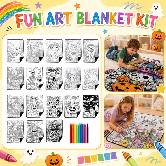 Halloween Decorations Throw Blanket DIY Coloring Craft Kit with 24 Fabric Markers, Color Your Own Halloween Themed Fleece Art Blanket for Family Creative Activities and Party Favors 39.4×27.58in