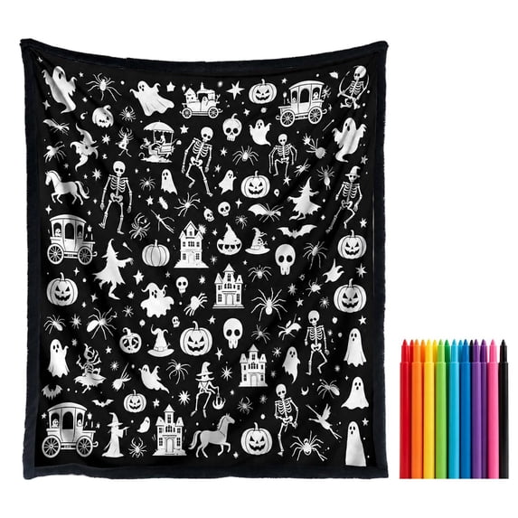 Halloween Decorations Throw Blanket DIY Filling Coloring Kit with 24 Fabric Pens, Spooky Background Halloween Pattern Blanket You Color, Great Interactive Craft for Halloween Party Events