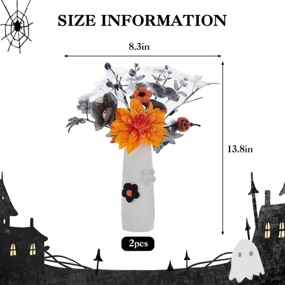 Halloween Decorations with Vase – Set of 2 Black & Orange Artificial Pumpkin & Maple Leaf Arrangements – 14” Fall Centerpieces for Table, Party, Home, and Halloween Decor