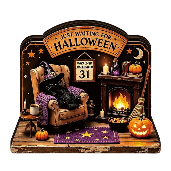 Halloween Decorations, Vintage Desk Decor, Spooky Decorations, Led Glowing Freestanding Wooden Party Display 6X6X1 Inch for Indoor