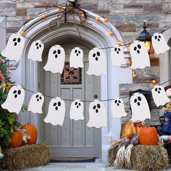 Halloween Decorations Wall Decus, 8-Pack White Paper Ghost Pennon Tinct with String Lights for Party Scene Donative