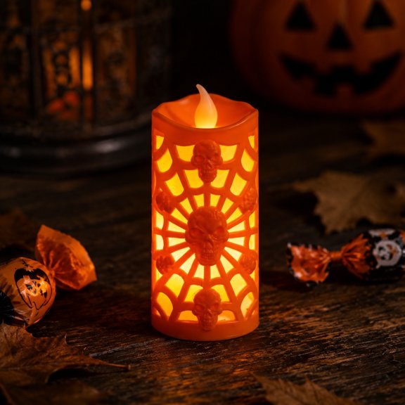 Halloween Decorations Web LED Flameless Candle Lights Skull Embossed Battery Operated