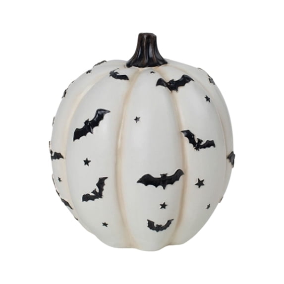 Halloween Decorations White Pumpkin Resin Statue with Black Bat and Star , Seasonal Tabletop Halloween Decor for Home, Entryway,Shelf or Party Display