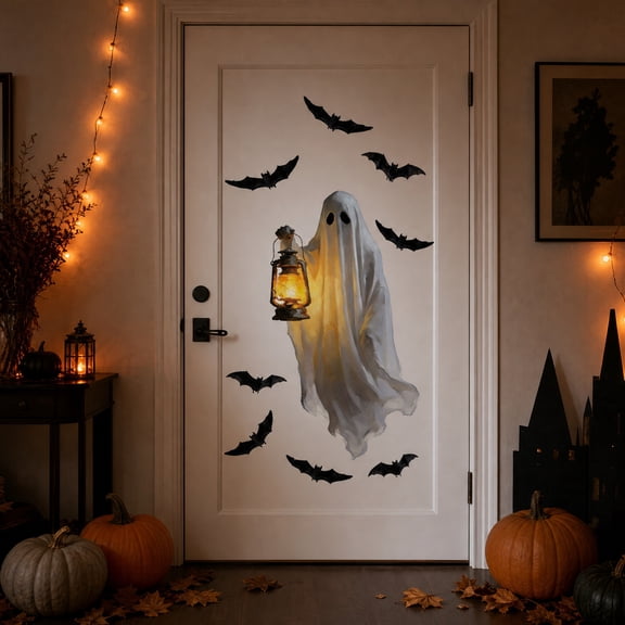 Halloween Decorations Window Clings Decor, Extra Large Scary White Ghosts with Pumpkin Lantern Halloween Window Decals Indoor, Creppy School Home Office Party Supplies for Glass Windows C