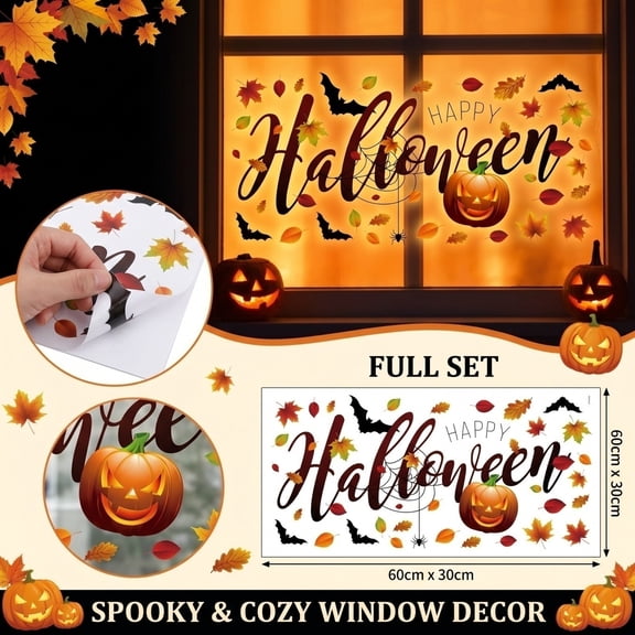 Halloween Decorations Window, Fall and Halloween Decor, Web Decoration, Halloween Pumpkin Decor, 24X12 Inch Electrostatic Halloween Window Sticker, Happy Halloween Lettering Decor