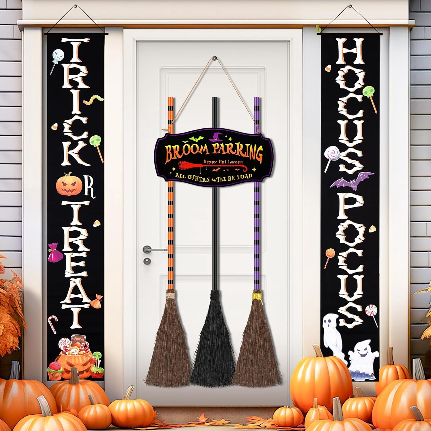 Halloween Decorations - Witch Broom Set with Broom Parking Sign, 3 ...