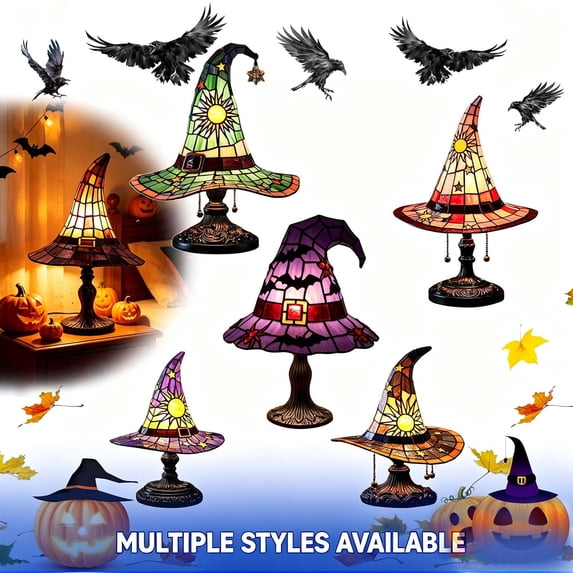 Halloween Decorations Witch Hat Table Lamp 8", Halloween Glowing Decor for Shelf – Spooky Mini Night Light for Bedroom, Resin Wizard Hat Ornament with LED _ H