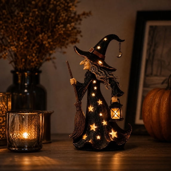 Halloween Decorations Witch Night Light, Spooky Tabletop Figurine for Shelf and Desk, Warm Glowing Star Design, Durable Resin Craftsmanship for Halloween and Festive Home Styling