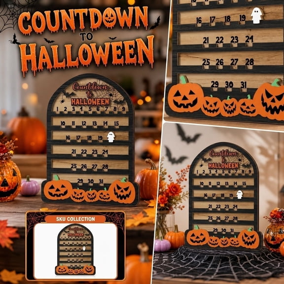 Halloween Decorations Wooden Countdown Calendar, 7.9x5.9 Inch Rustic Pumpkin & Ghost Day Tracker for Mantel & Shelf Display
