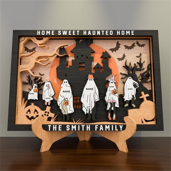 Halloween Decorations Wooden Ghost Figurine with The Smith Family Text, 3D Craft Tabletop Ornament for Shelf or Desk, Personalized Rustic Halloween Decor