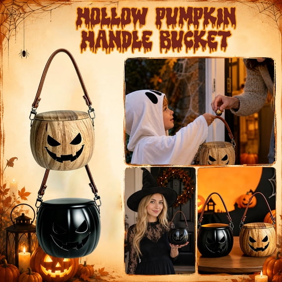 Halloween Decorations Wooden Pumpkin Candy Bowl, Carved Jack O Lantern with Handle, Rustic Bucket for , Fall Home Decor Table Centerpiece, 1Pack Black