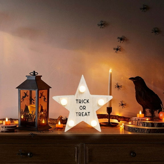Halloween Decorations Wooden Pumpkin Man Ornament with Bats and Stars, LED Light Tabletop Decor, Battery Operated Flameless Lantern, Reusable Holiday Display