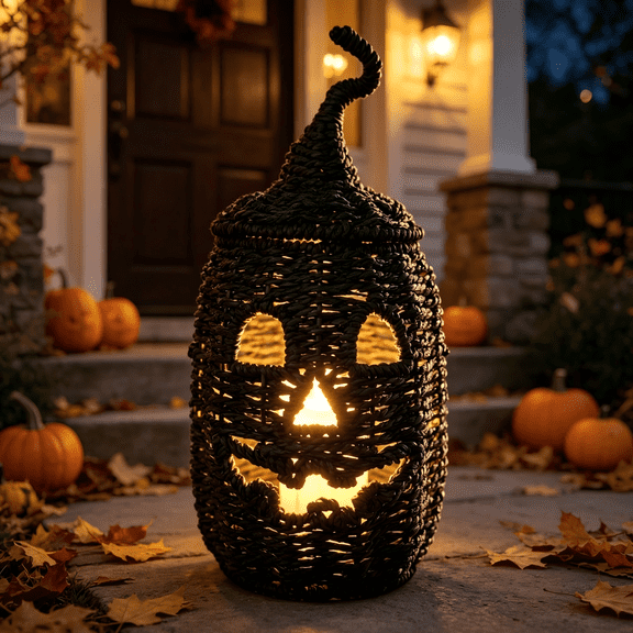Halloween Decorations Woven Pumpkin Lantern, 12.2 Inch Handwoven Pumpkin Lamp with Curly Vine Stem, Pumpkin Light Decor for Farmhouse Fall Halloween Display
