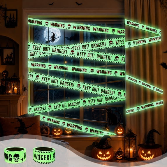Halloween Decorative Barrier Tape,Glow In Dark Ghost Warning Strip with Flexible Cuttable Texture,Long Halloween Prop for Yard Escape Room Classroom Party Scene Layout(Green)