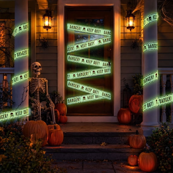 Halloween Decorative Barrier Tape,Glow In Dark Ghost Warning Strip with Flexible Cuttable Texture,Long Halloween Prop for Yard Escape Room Classroom Party Scene Layout(Green)
