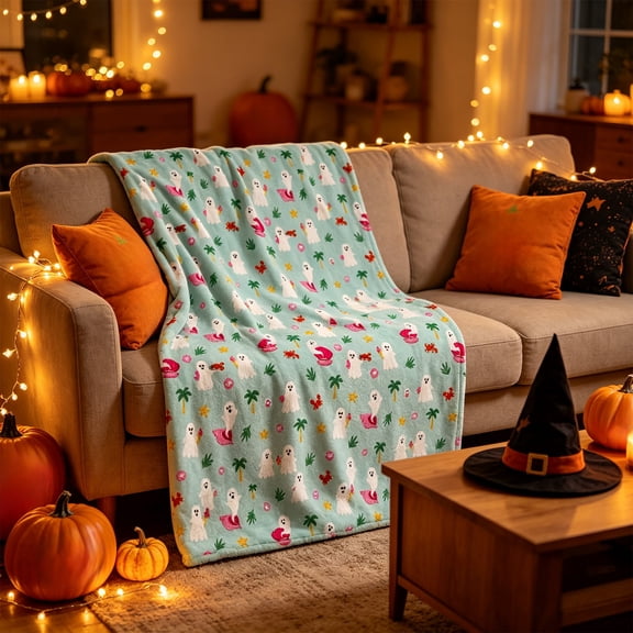 Halloween Decorative Blanket, Summer Ween Oversize Super Soft Lint Throw Blankets Summer Patio Pool Halloween Throws Light Green Ghost Shells Patterns Comfortable Blanket, 75x 39.4"
