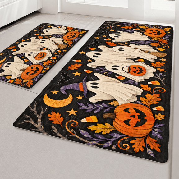 Halloween Decorative Doormat Set, Retro Wood Grain Black with Cartoon Ghost Pumpkin Pattern, Non-Slip Fabric, 16in*24in + 18in*48in, 2 Pack