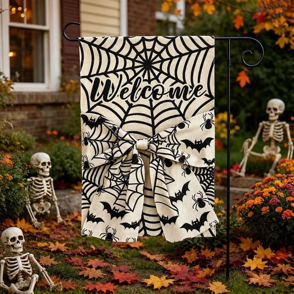 Halloween Decorative Garden Flag with 3D Bow - Double-Sided Autumn Fall Yard Banner for Outdoor Front Porch, Garden & Lawn Decor