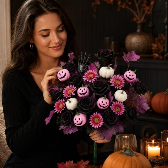 Halloween Decorative Gothic Bouquet, Artificial Silk Flower Arrangement with Pink and White Pumpkin and Maple Leaf, Fall Thanksgiving Table Centerpiece Decor for Shelf, Entryway and Home Display