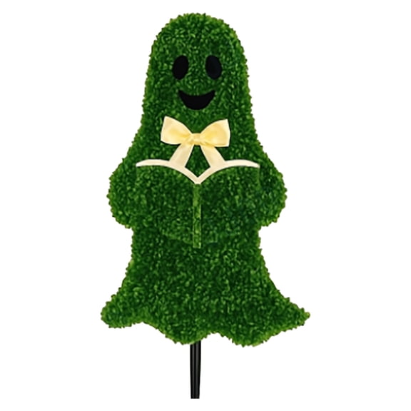 Halloween Decorative Green Ghost Topiary with Bow, Outdoor Lawn Yard Stake, Spooky Holiday Garden Ornament