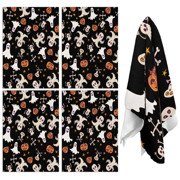 Halloween Decorative Kitchen Towels Set, 4-Pack 18x26 Ghost Pumpkin Tea Towels, Soft Absorbent Dish Towels for Witchy Kitchen Decor, Cute Fall Hand Towels for Coffee Bar or Home