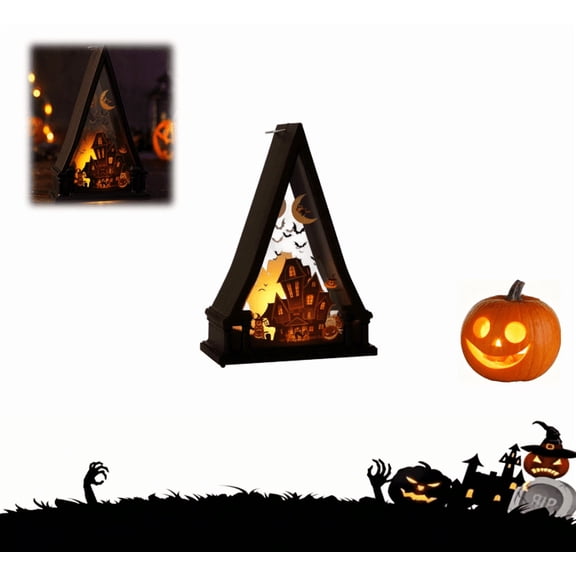 Halloween Decorative Lantern, Classic Retro Hanging Lamp with Pumpkin & Castle Pattern, Flameless Candle Holder for Home & Party Use