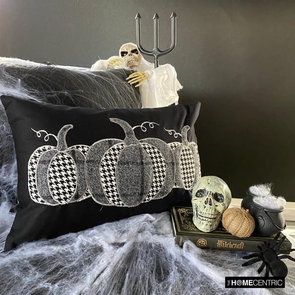 Black Linen Decorative Lumbar Pillow Cover, 12"x16" (30x40 cm) Halloween Decor, Pumpkin decor pillowcase, applique pillows, vintage Cushion Cover, Pumpkins Contemporary - Vintage Pumpkins