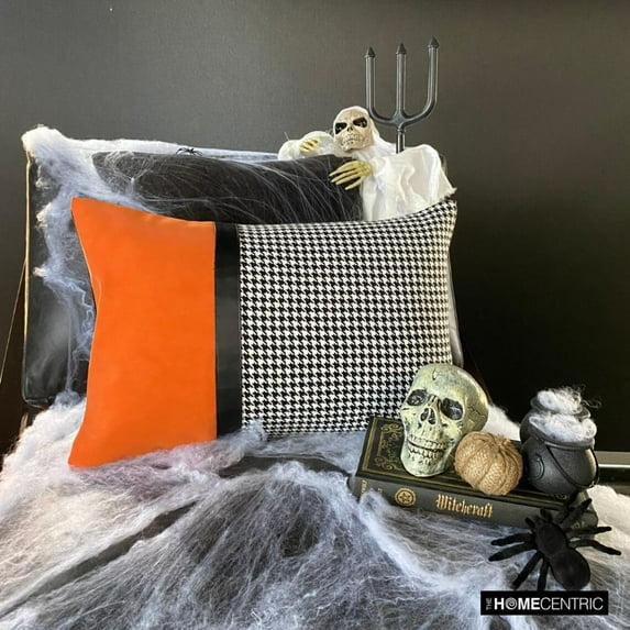 Halloween Decorative Lumbar Pillow Cover Black & Orange, 12"x18" (30x45 cm) Jacquard, Faux Leather Houndstooth Pillows, Faux Leather, Patchwork Cushion Cover, Patchwork Modern Style - Hexed Hound