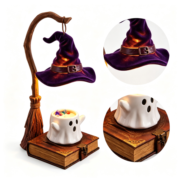 Halloween Decorative Night Light,Resin Witch Broom Ornament Lamp, Illuminated Purple Witch Hat, Ghost Candle Holder, For Fireplace Mantel, Nightstand And Autumn Festival Display