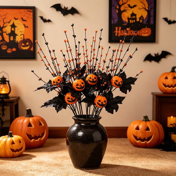 Halloween Decorative Pick, Pumpkin Ghost Skull Skeleton Hand Floral Vase Insert Reusable Spooky Accent, for Halloween Centerpieces Table Decor Bouquets Haunted House Party Displays
