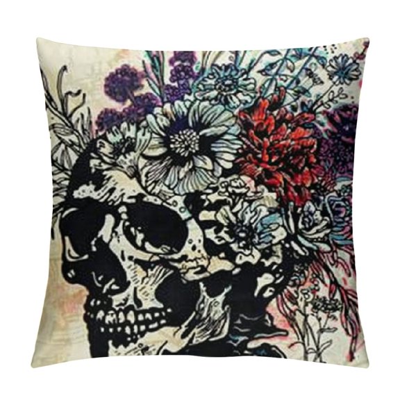 Halloween Decorative Pillow Cover Vintage Floral Skull Gothic Crow Throw Pillow Case White Black Style Day of The Dead Home Decor Cushion Cover