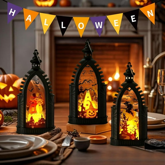 Halloween Decorative Pumpkin Lantern, LED Gothic Pumpkin Skeleton Witch Lamp for Hanging, Battery Operated NIght Light for Indoor Outdoor Tabletop(3PCS)