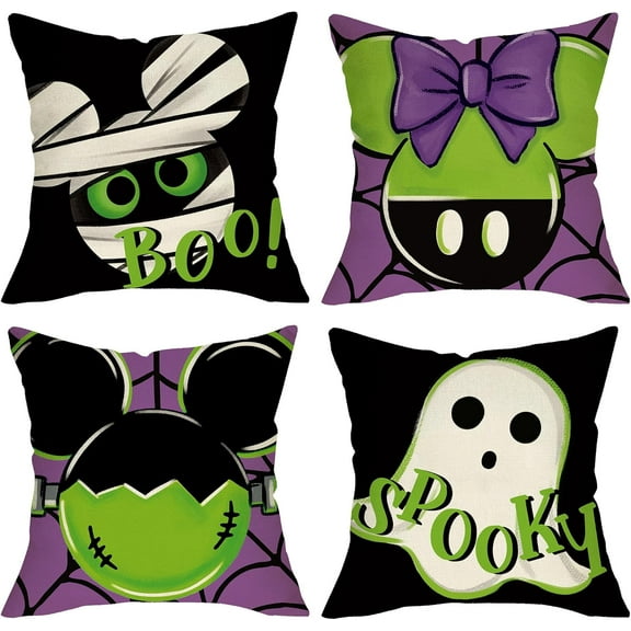 Halloween Decorative Throw Pillow Covers 16 x 16 Set of 4, Spooky Ghost Mummy Boo Porch Outdoor Home Decor, Purple Black Funny Spider Web Couch Cushion Case