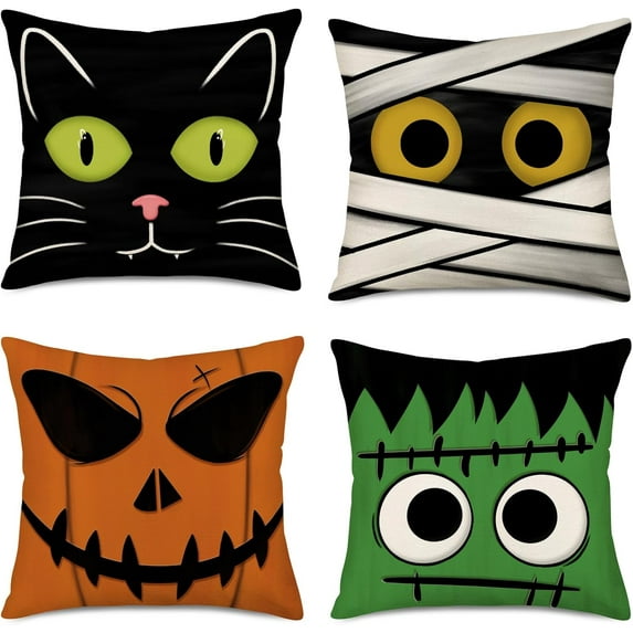 Halloween Decorative Throw Pillow Covers 18 x 18 Inch Set of 4 Jack O Lantern Spooky Face Mummy Black Cat Fran.kens-tein Cushion Case Decor Holiday Home Decoration for Sofa Couch