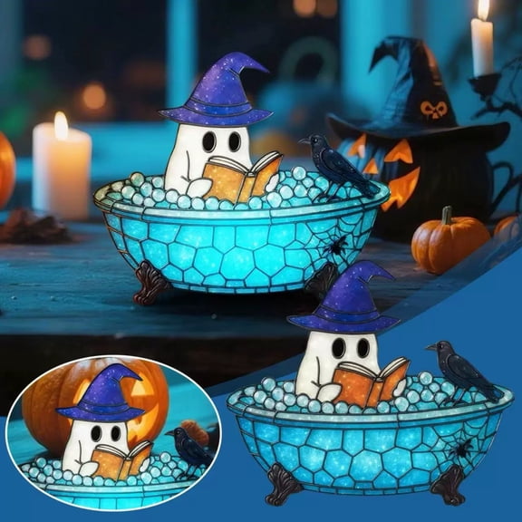 Halloween Delightful Bathtub Ghost Reading Book Night Light, Funny Resin Ghost Figurine Statue Night Light, Christmas Decoration for Gift Props Tabletop Bookshelf Home Decor