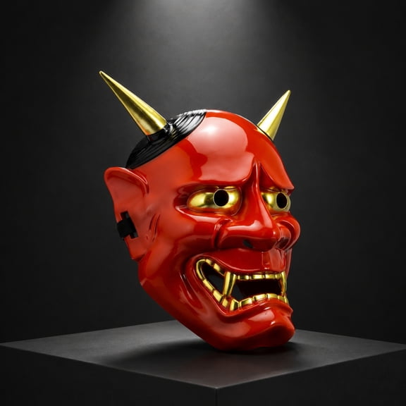 Halloween Demon Mask Horror Devil Mask Red White Traditional Japanese Style Mask with Horns Fangs Elastic Strap Scary Costume Accessory for Halloween Party Masquerade Decor Cosplay Prop